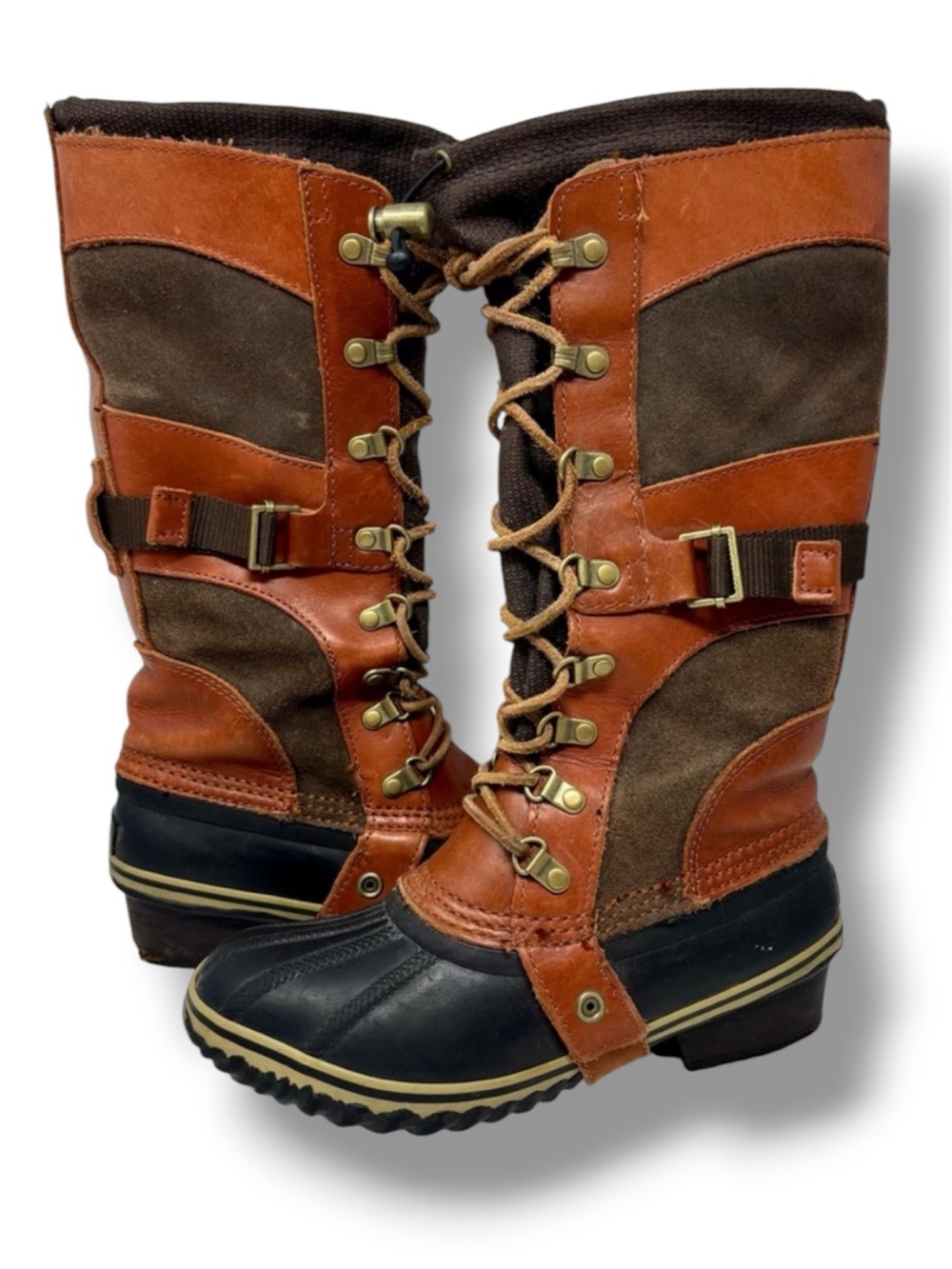 Sorel Conquest Carly II Duck Boots Knee High Lace Up Brown Leather Suede Size 6
